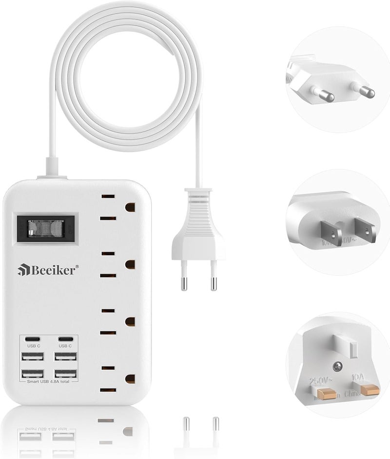 Beeiker European Travel Plug Adapter, US to Europe Travel Power Strip with 6 USB(2 USB C) 4 Outlets, International Universal Travel Power Adapter with 3ft Extension Cord for EU UK France Italy Germany Cruise - Image 1